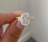 5ct Elongated Cushion Cut diamond Set with Step Cut Trapezoids 14K Gold Trilogy