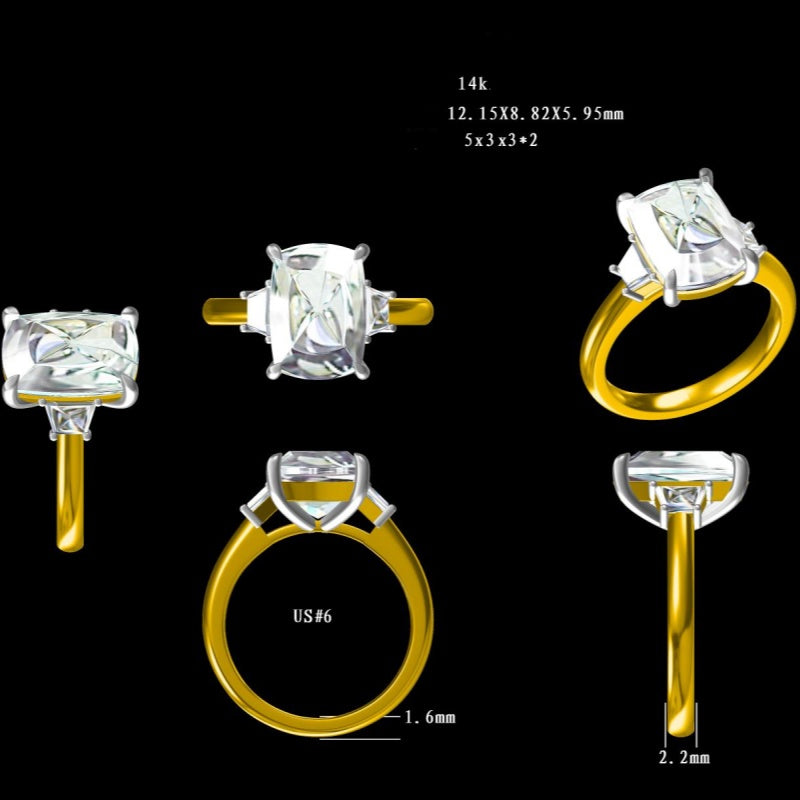 5ct Elongated Cushion Cut diamond Set with Step Cut Trapezoids 14K Gold Trilogy