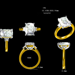 5ct Elongated Cushion Cut diamond Set with Step Cut Trapezoids 14K Gold Trilogy